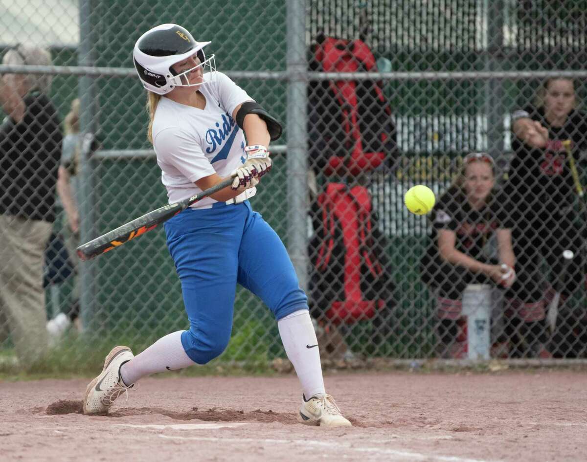 Ichabod Crane’s Ava Heffner hits the ball during the Class B softball final against Glens Falls at Luther Forest Athletic Fields on Thursday, May 26, 2022 in Malta, N.Y.
