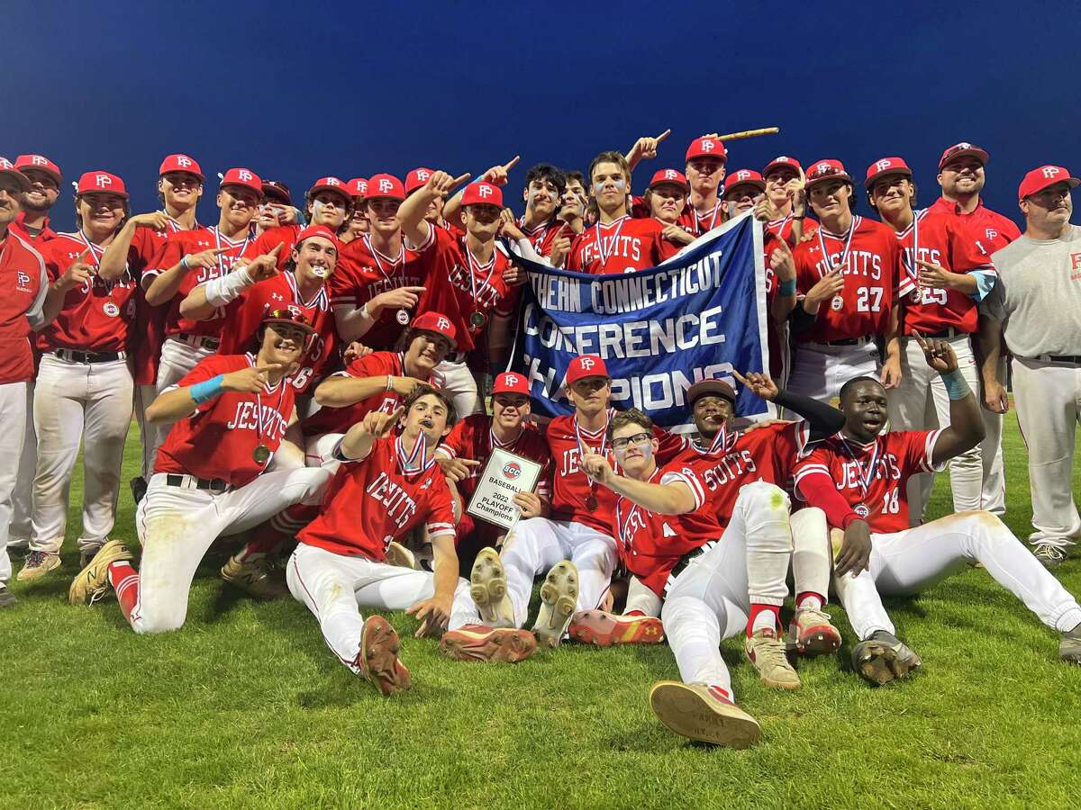 Fairfield Prep celebrates its SCC baseball championship after the SCC baseball finals between Xavier and Fairfield Prep on Piurek Field, West Haven on Thursday, May 26, 2022.