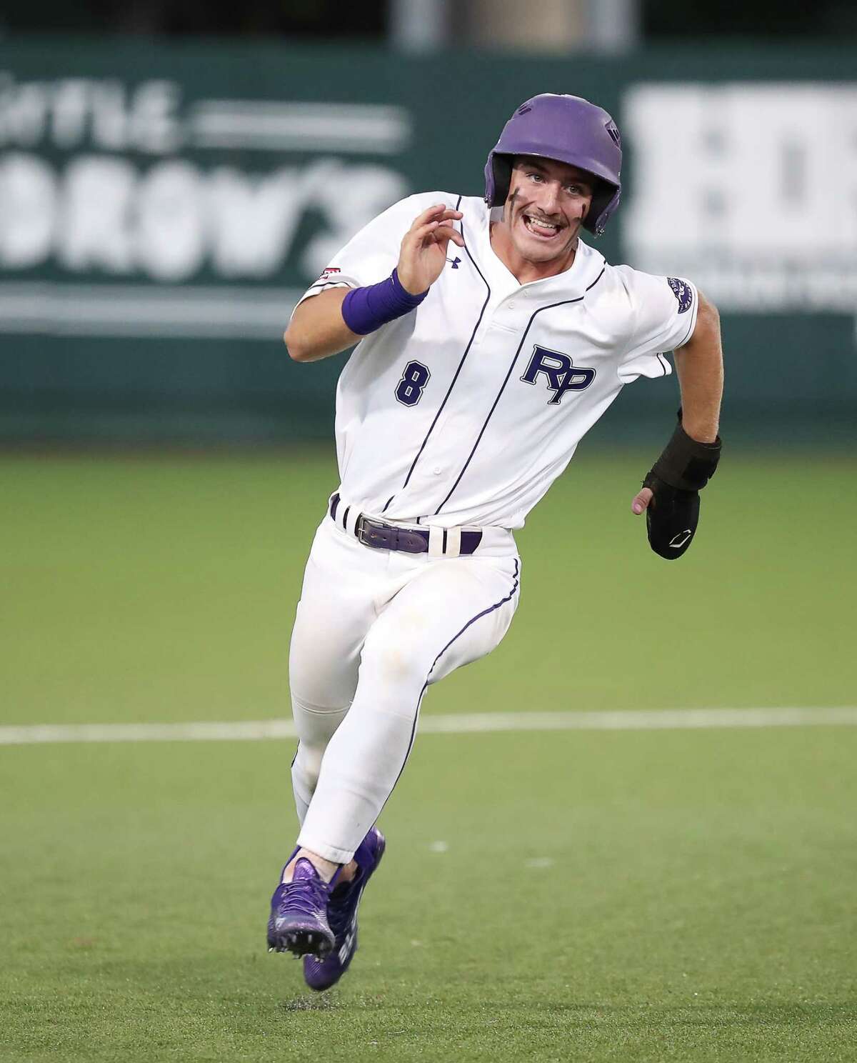 HOUSTON, TX - MAY 26: Ridge Point’s Justin Vossos #8 scores on a double by Travis Vlasek in the fifth inning against Pearland during a Region III 6-A semifinals, Game 1 high school baseball game between Ridge Point and Pearland on May 26, 2022 at Schroeder Park on the University of Houston in Houston, Texas. (Photo by Bob Levey/Contributor)