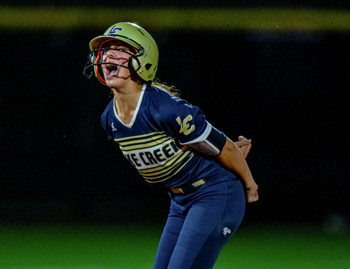 Lake Creek Lions Maddie McKee (2) reacts after reach base for a double 6th inning during a high school softball Region III-5A championship game, Thursday, May 26, 2022, at CE King. (Juan DeLeon/Contributor)