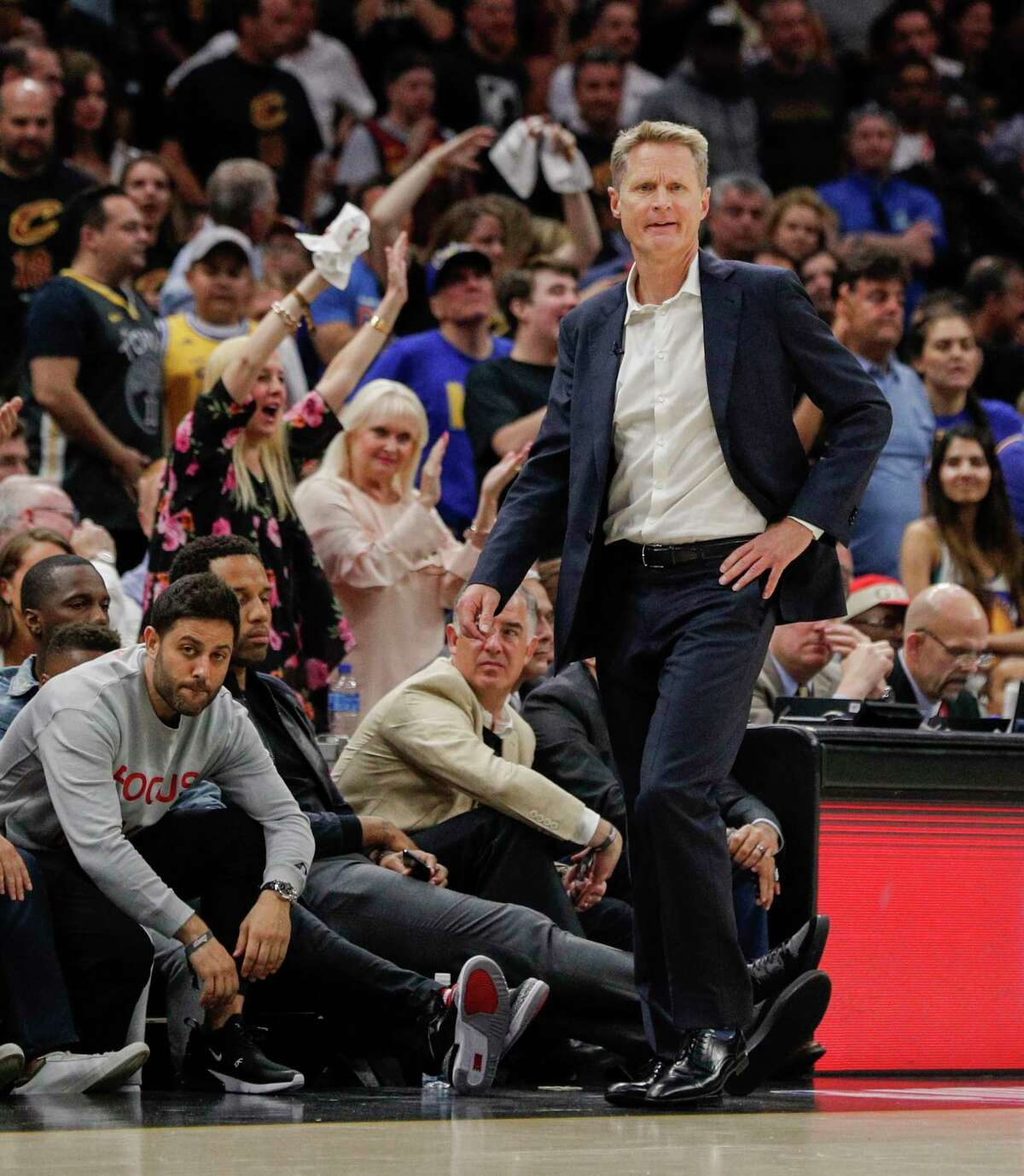 Golden State Warriors' head coach Steve Kerr reacts in the second quarter during game 4 of The NBA Finals between the Golden State Warriors and the Cleveland Cavaliers at Quicken Loans Arena on Friday, June 8, 2018 in Cleveland, Ohio.