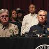 Texas Governor Greg Abbott with other officials, holds a press conference to provide updates on the Uvalde elementary school shooting, at Uvalde High School in Uvalde, Texas on May 25, 2022.(Photo by allison dinner / AFP) (Photo by ALLISON DINNER/AFP via Getty Images)