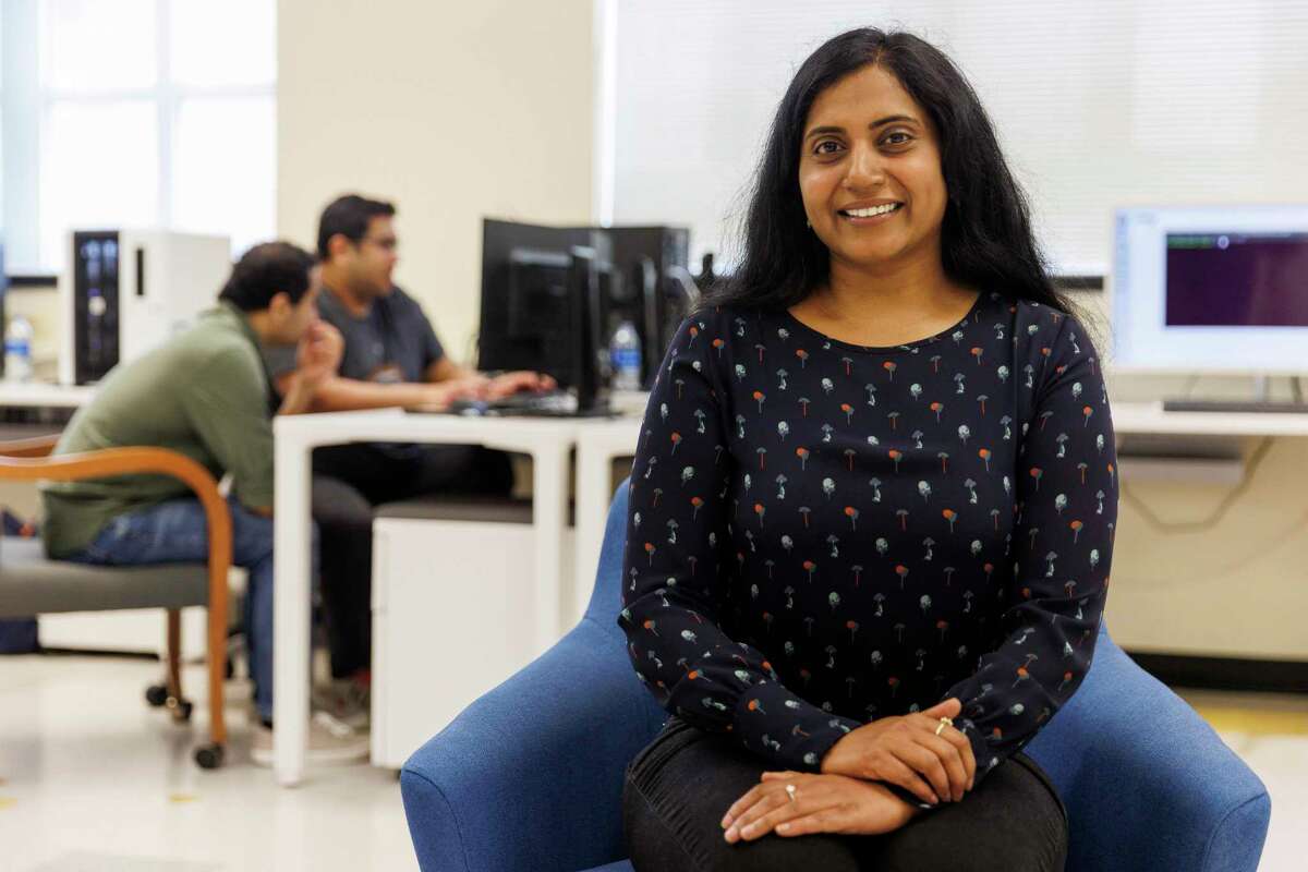 Dr. Dhireesha Kudithipudi sits in the Neuromorphic Artificial Intelligence research lab she runs at UTSA, Friday, May 13, 2022. She is also the Director of the MATRIX AI Consortium Departments at the university.