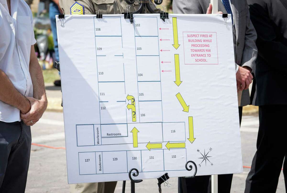A map provided by the Texas Department of Public Safety shows some of the gunman’s actions during the mass shooting at Robb Elementary School, during a press conference Friday, May 27, 2022, at the school in Uvalde.