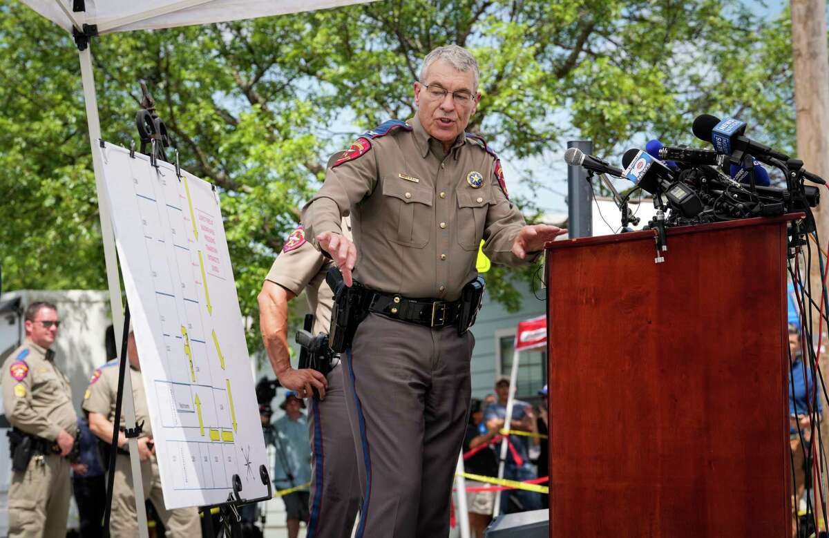Col. Steven McCraw, director of the Texas Department of Public Safety, gives an update on the investigation into the mass shooting at Robb Elementary School during a press conference Friday, May 27, 2022, at the school in Uvalde.