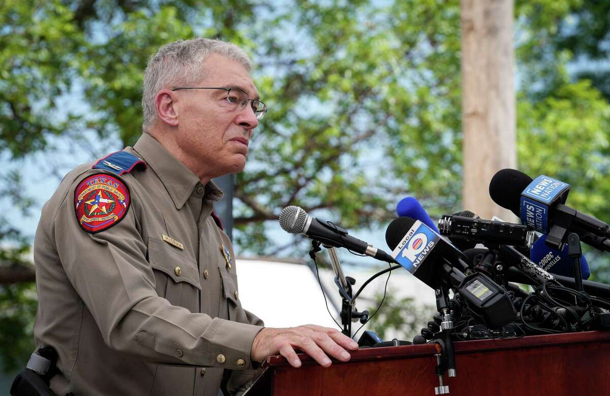 Col. Steven McCraw, director of the Texas Department of Public Safety, fights back emotion as he talks about the mass shooting at Robb Elementary School during a press conference Friday, May 27, 2022, at the school in Uvalde.