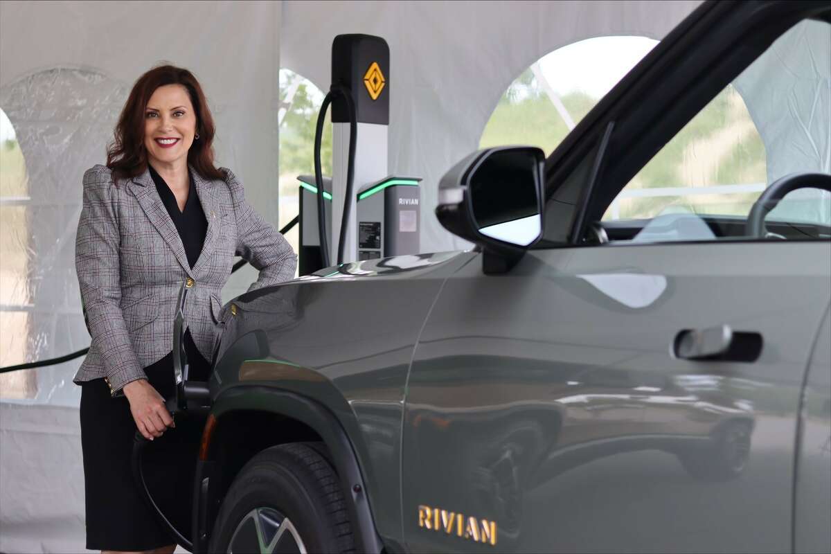 The first two Rivian Waypoints chargers were unveiled Thursday at the 142-acre state park in Ottawa County west of Grand Rapids, followed by an inaugural charge demonstration featuring a Rivian R1T pickup.