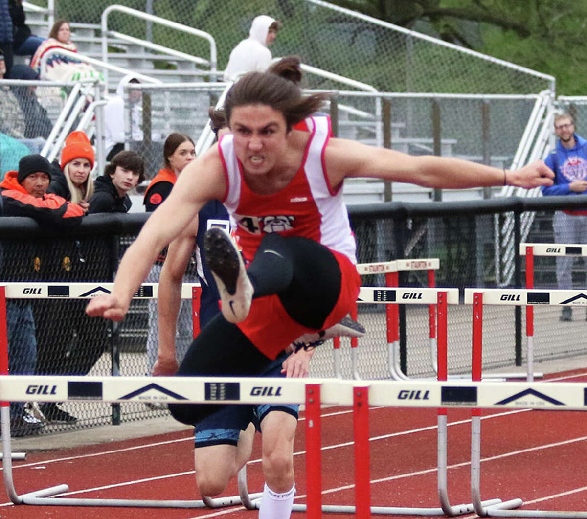 Staunton's Drake Dufrain's state meet ended without a race when a false start in the 110-meter high hurdles led to his DQ in Thursday's Class 1A preliminaries in Charleston. He is shown winning the 110 hurdles at the SCC Meet earlier this season.