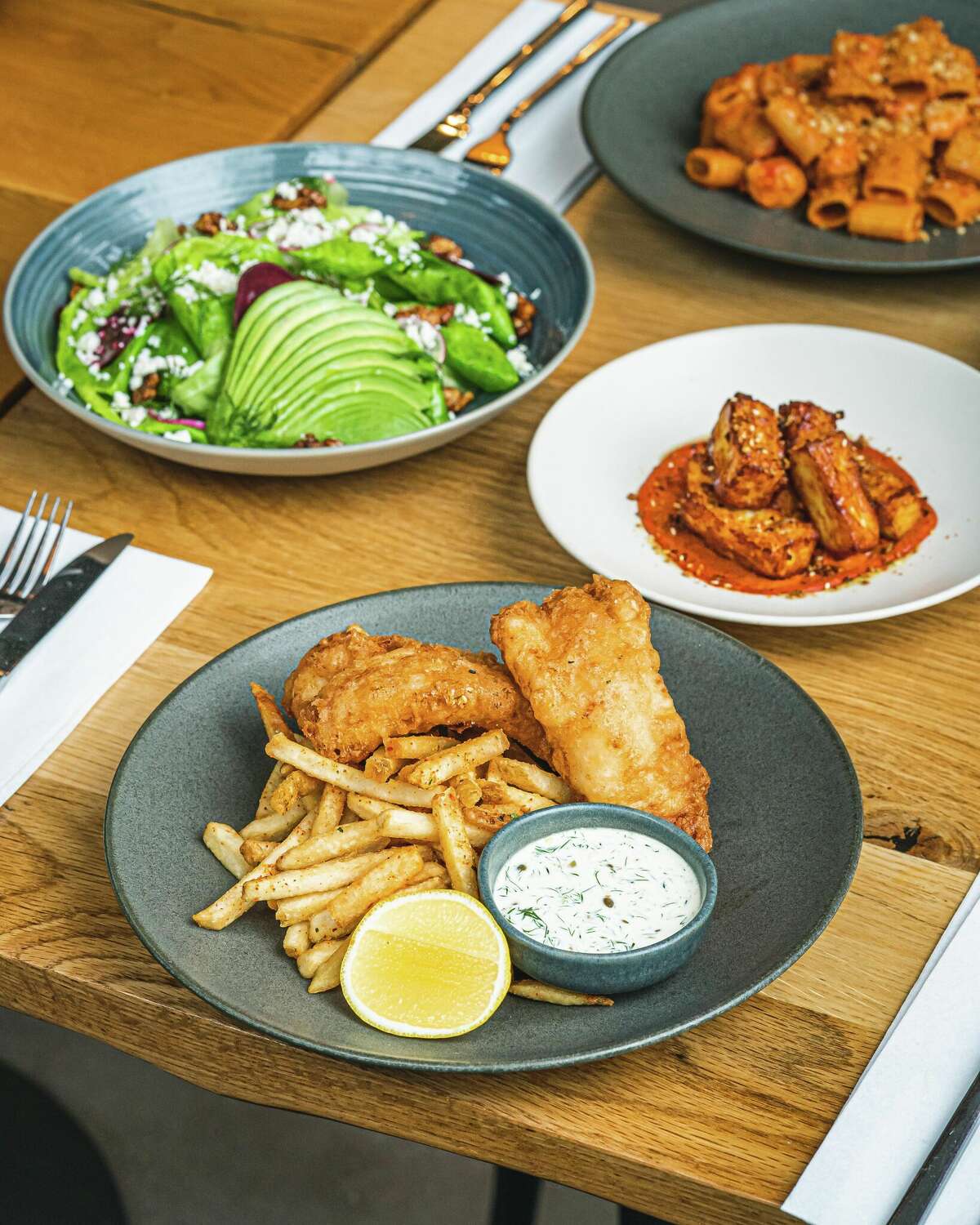 Fish and chips, butter lettuce salad and crispy halloumi, as served at Isla & Co., opening in Fairfield.