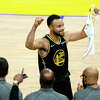Golden State Warriors guard Stephen Curry celebrates after a 120-110 win against the Dallas Mavericks at Chase Center on May 26, 2022 in San Francisco, California.