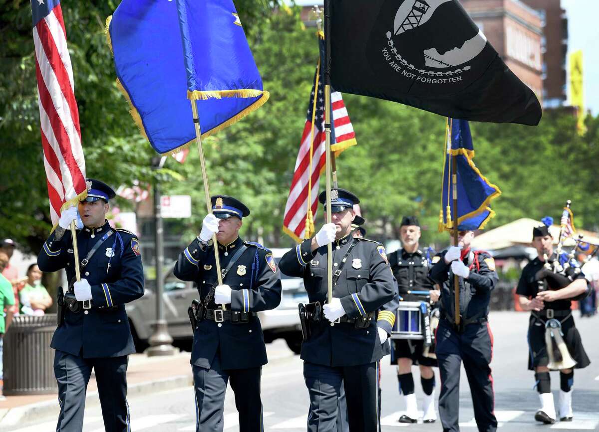 Stamford Police Officers lead the town’s Memorial Day Parade Sunday, June 13, 2021.