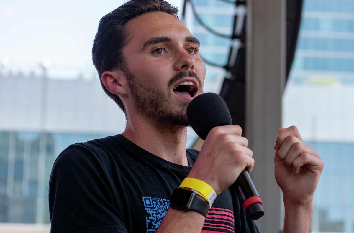 Gun control activist and Parkland shooting survivor David Hogg addresses the crowd at Discovery Green during the Rally Against Gun Violence in Houston Friday, May 27, 2022. 