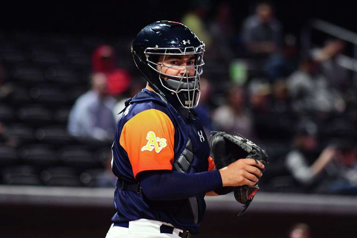 Oakland Athletics prospect Shea Langeliers catches during a game for the Triple-A Las Vegas Aviators.