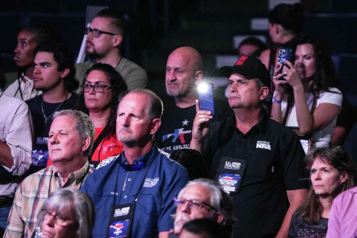 Attendees listen as former President Donald Trump speaks during the NRA-ILA Leadership Forum at the NRA 2022 Annual Meetings and Exhibits at the George R. Brown Convention Center Friday, May 27, 2022 in Houston.