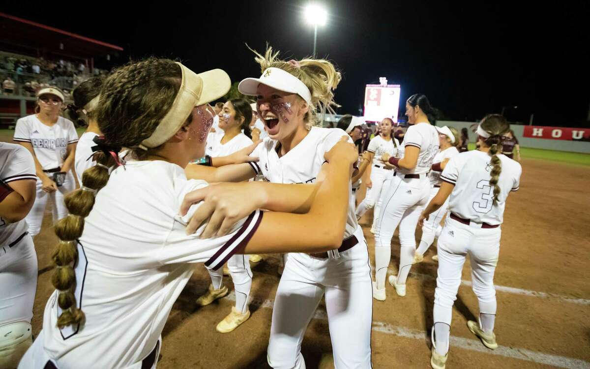 Deer Park outfielder Lindsey McKnight (left) and outfielder Julia Donnell (right) celebrate after defeating Pearland 3-0 in Game 2, of the high school softball playoffs Region III-6A championship at Courgar Field, Friday, May 27, 2022, in Houston.