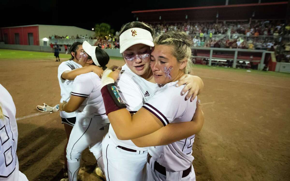 Deer Park pitcher Reanna Neiman (right) celebrates with her teammate after winning Game 2 of the high school softball playoffs Region III-6A championship at Courgar Field, Friday, May 27, 2022, in Houston.