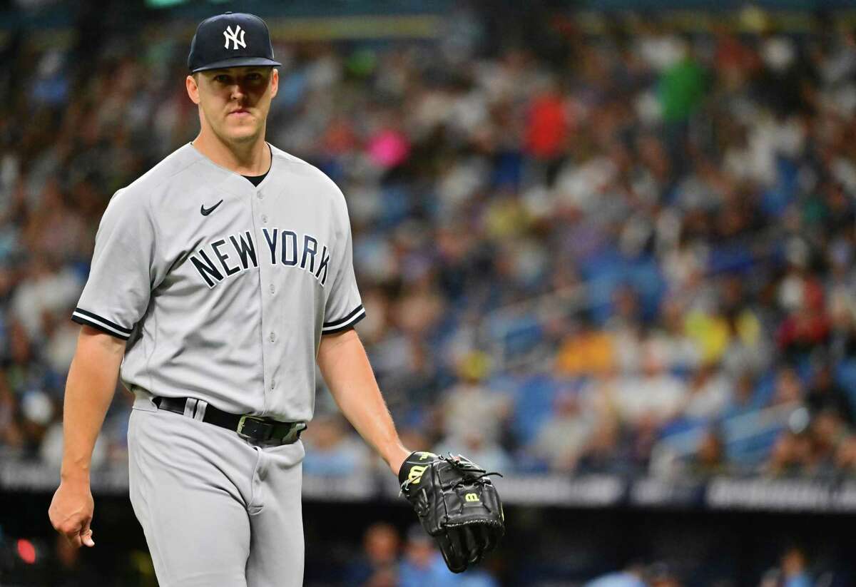 ST PETERSBURG, FLORIDA - MAY 27: Jameson Taillon #50 of the New York Yankees looks on after the second inning against the Tampa Bay Rays at Tropicana Field on May 27, 2022 in St Petersburg, Florida. (Photo by Julio Aguilar/Getty Images)