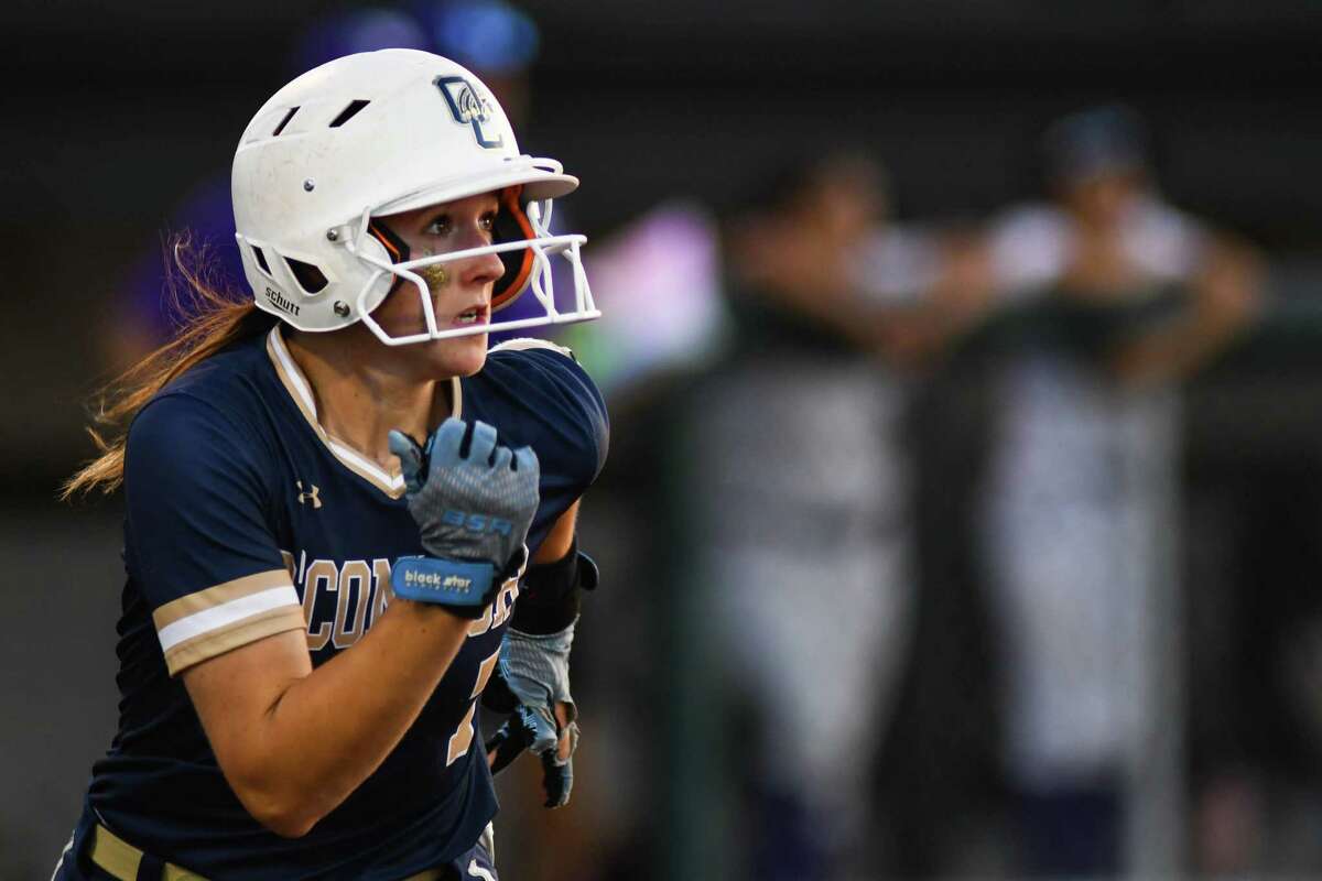 O’Connor’s Leighann Goode runs to first base in the top of the fourth inning of game 2 of the Region IV-6A final against Weslaco. On Friday March 27, 2022 at Cabaniss field in Corpus Christi, Texas.