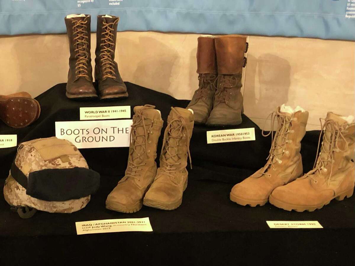Military boots are part of the Chinese American war memorabilia on display at the Veterans Building.