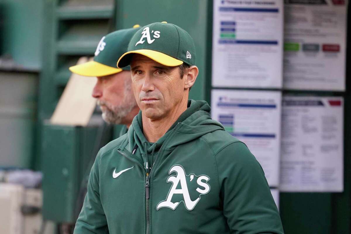 Oakland Athletics bench coach Brad Ausmus during a baseball game against the Minnesota Twins in Oakland, Calif., Monday, May 16, 2022. (AP Photo/Jeff Chiu)