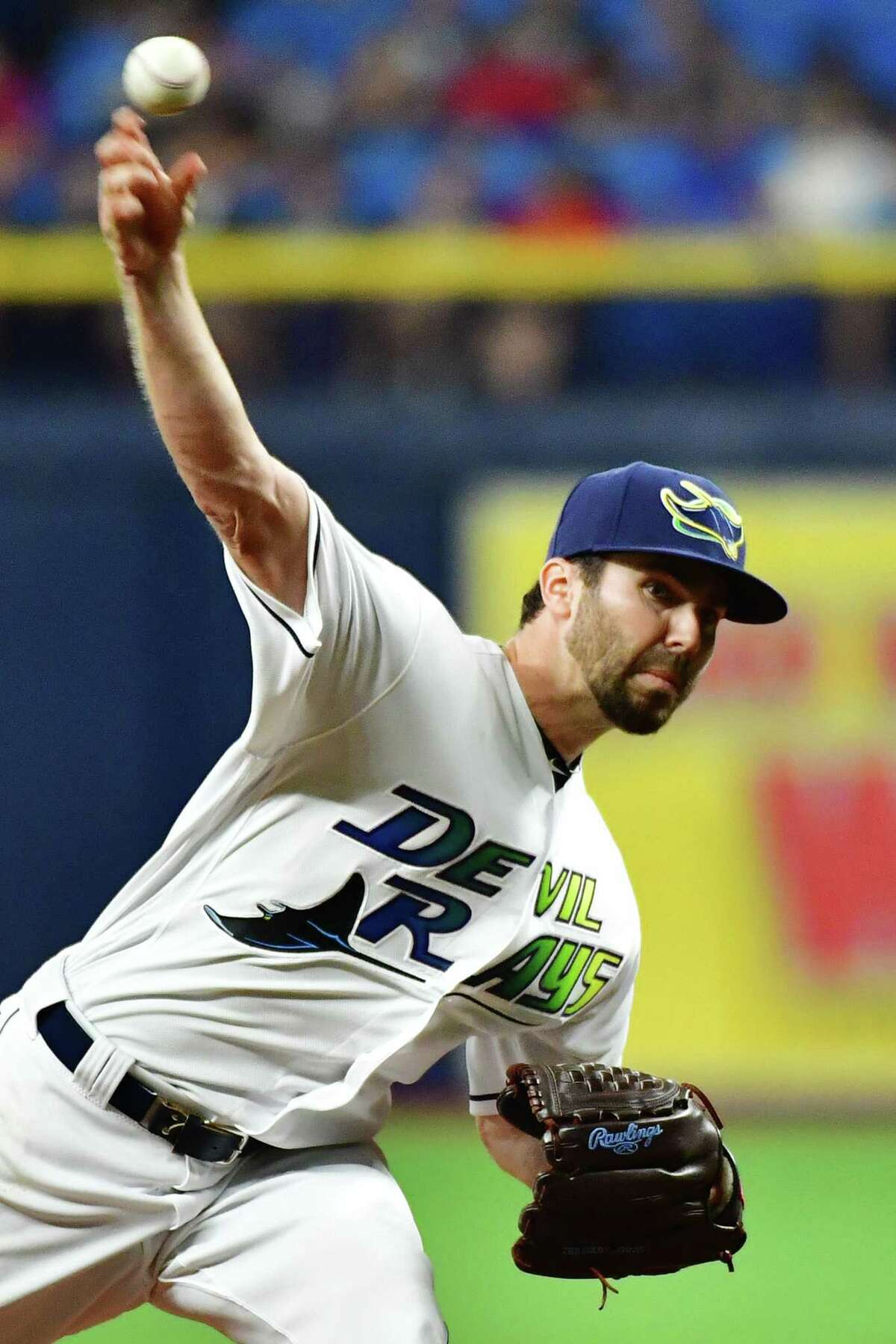 St. Petersburg, United States. 14th Apr, 2022. Tampa Bay Rays reliever  Jeffrey Springs pitches against the Oakland Athletics during the fourth  inning of a baseball game at Tropicana Field in St. Petersburg