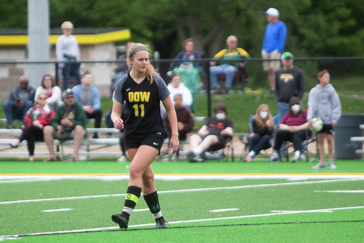 Dow High's Jordan Danna surveys the field during Friday's district quarterfinal against Saginaw Heritage, May 27, 2022.