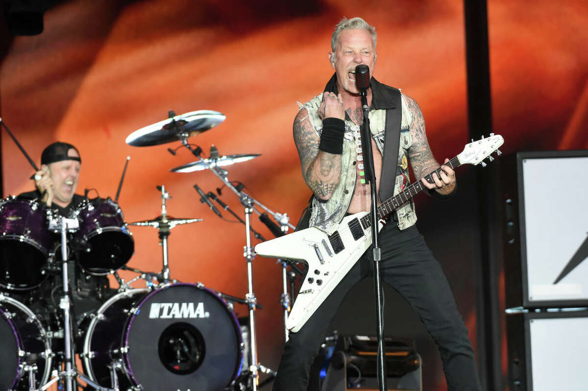 Lars Ulrich and James Hetfield of Metallica perform during BottleRock 2022 on May 27, 2022 in Napa, California.
