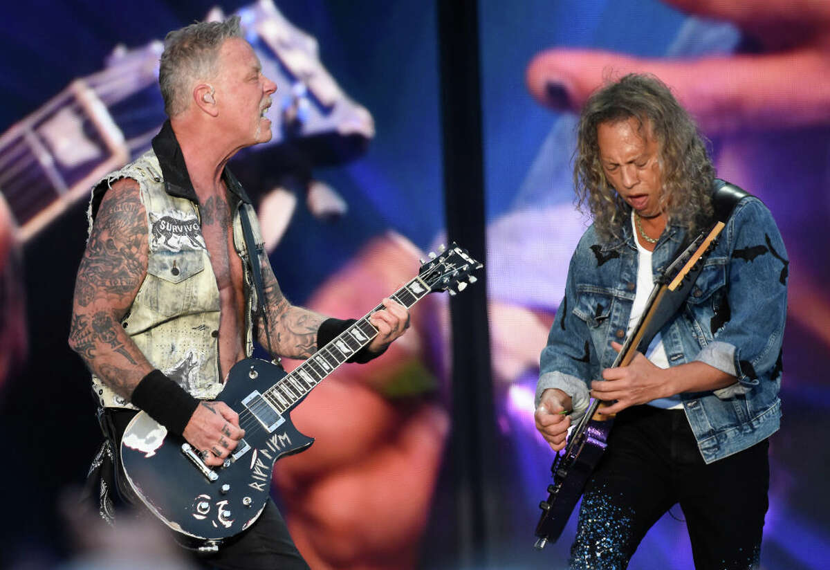 Metallica's James Hetfield and Kirk Hammett perform during BottleRock 2022 on May 27, 2022 in Napa, California.