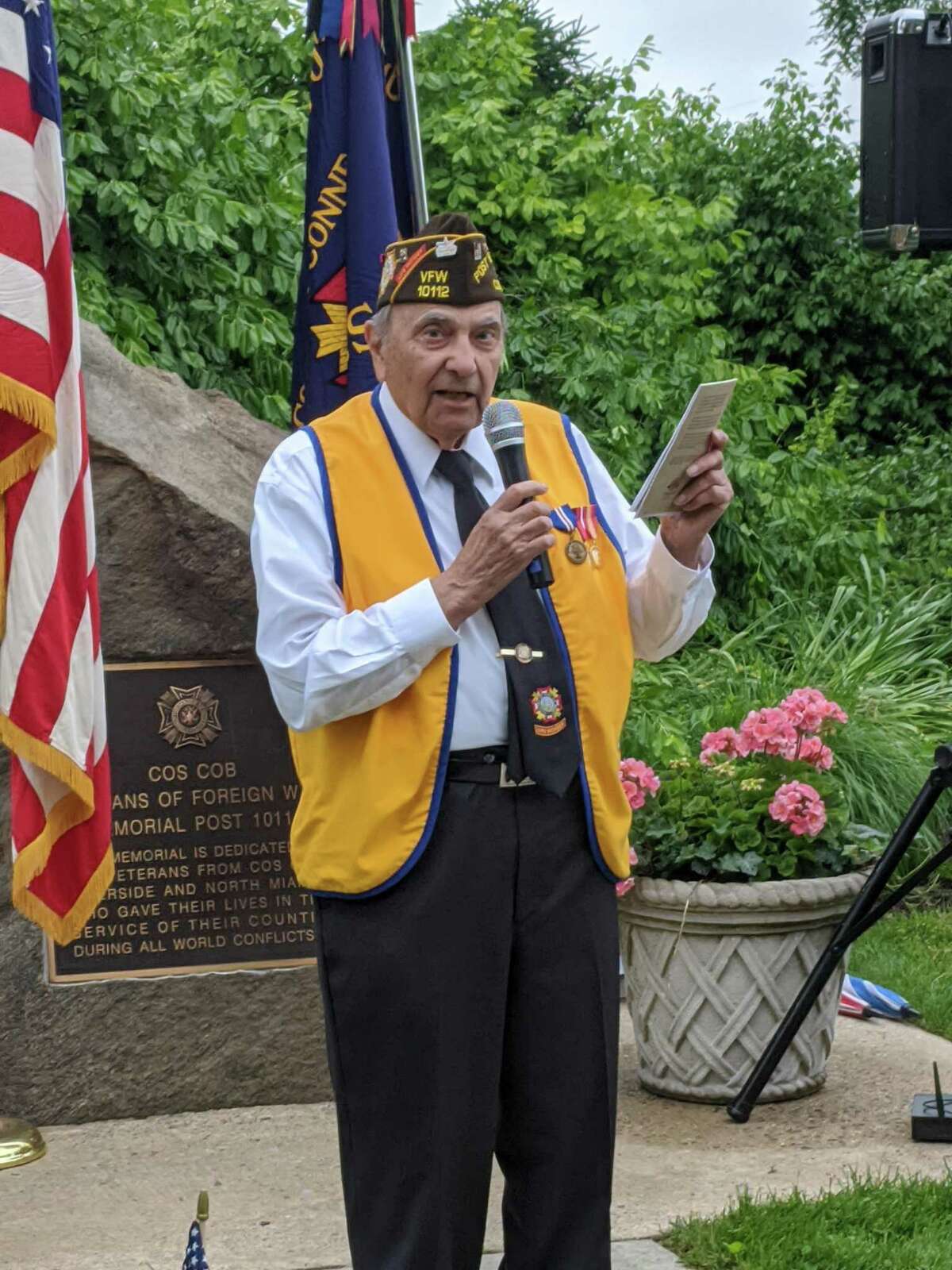 Cos Cob VFW Post 10112 Service Officer Anthony Marzullo speaks during Saturday’s Memorial Day ceremony.