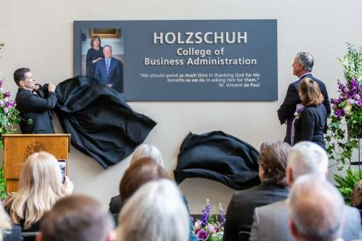Niagara University in Lewiston, N.Y., unveils the Holzschuh College of Business Administration. It is named for Jeffrey R. and Mary Helen Holzschuh of Greenwich, at right, who pledged a gift of $10 million to the university, making them its largest ever benefactor.