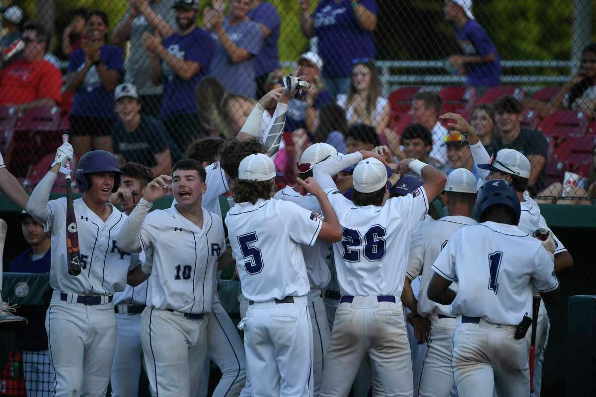 The Ridge Point dugout reacts to a run against Pearland during game 3 of the Region III-6A semifinal Saturday, May 28, 2022, in Houston.