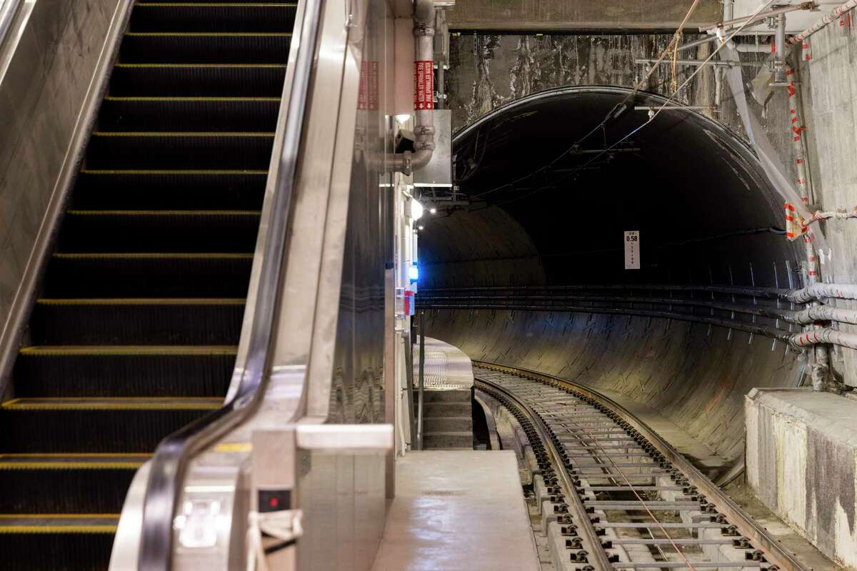 A train tunnel is seen under construction in the new Central Subway Muni station platform at Union Square, this past May.