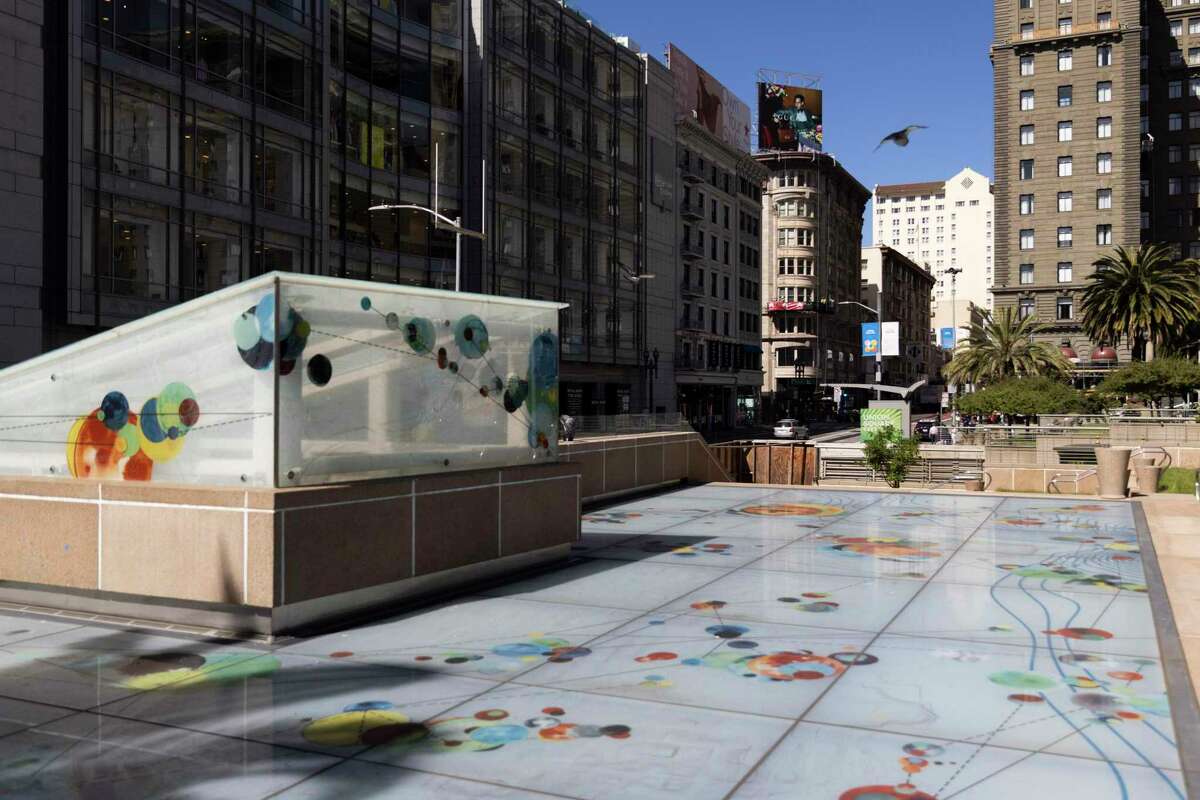 Artwork depicting topical geography of San Francisco covers the plaza above the newly constructed Central Subway Muni Station at Union Square.