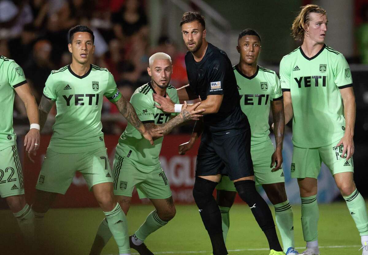Austin FC plays San Antonio FC, in black jerseys, during a Lamar Hunt U.S. Open Cup soccer match on Wednesday, April 20, 2022, at Toyota Field in San Antonio.