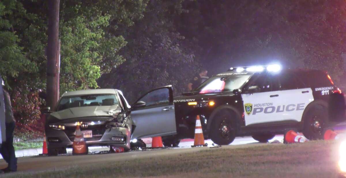 The wreckage of a crash that left a police officer injured May 28, 2022, in southeast Houston. 