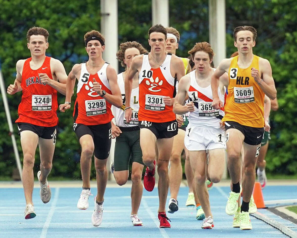 Edwardsville's Ryan Watts (third right) and Geordan Patrylak (second left) run in the 1,600-meter finals on Saturday at the Class 3A state track meet in Charleston. Watts, who earlier in the day won the 3,200, added a second title with a victory in the 1,600.