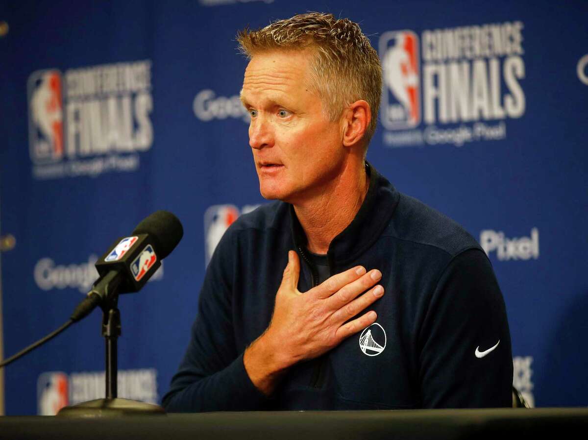 Golden State Warriors head coach Steve Kerr talks about gun violence during a news conference before Game 4 of the Western Conference Finals at the American Airlines Center on Tuesday, May 24, 2022, in Dallas. (Nhat V. Meyer/Bay Area News Group/TNS)
