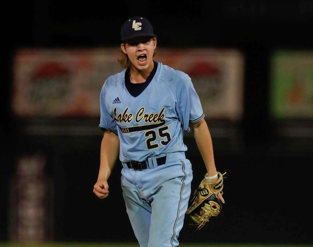 Lake Creek relief pitcher Bryce Pacousky (25) reacts after striking out Blake Casey #7 of Magnolia in the sixth inning of Game 2 during a Region III-5A quarterfinal high school baseball playoff series at Magnolia High School, Friday, 20, 2022, in Magnolia.