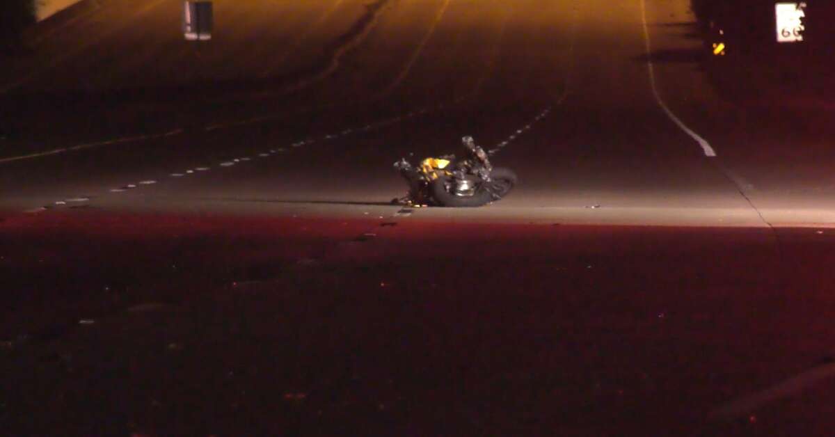 The wreckage of a crash that left a motorcyclist dead May 29, 2022, at State Highway 249 and Hollister Drive.