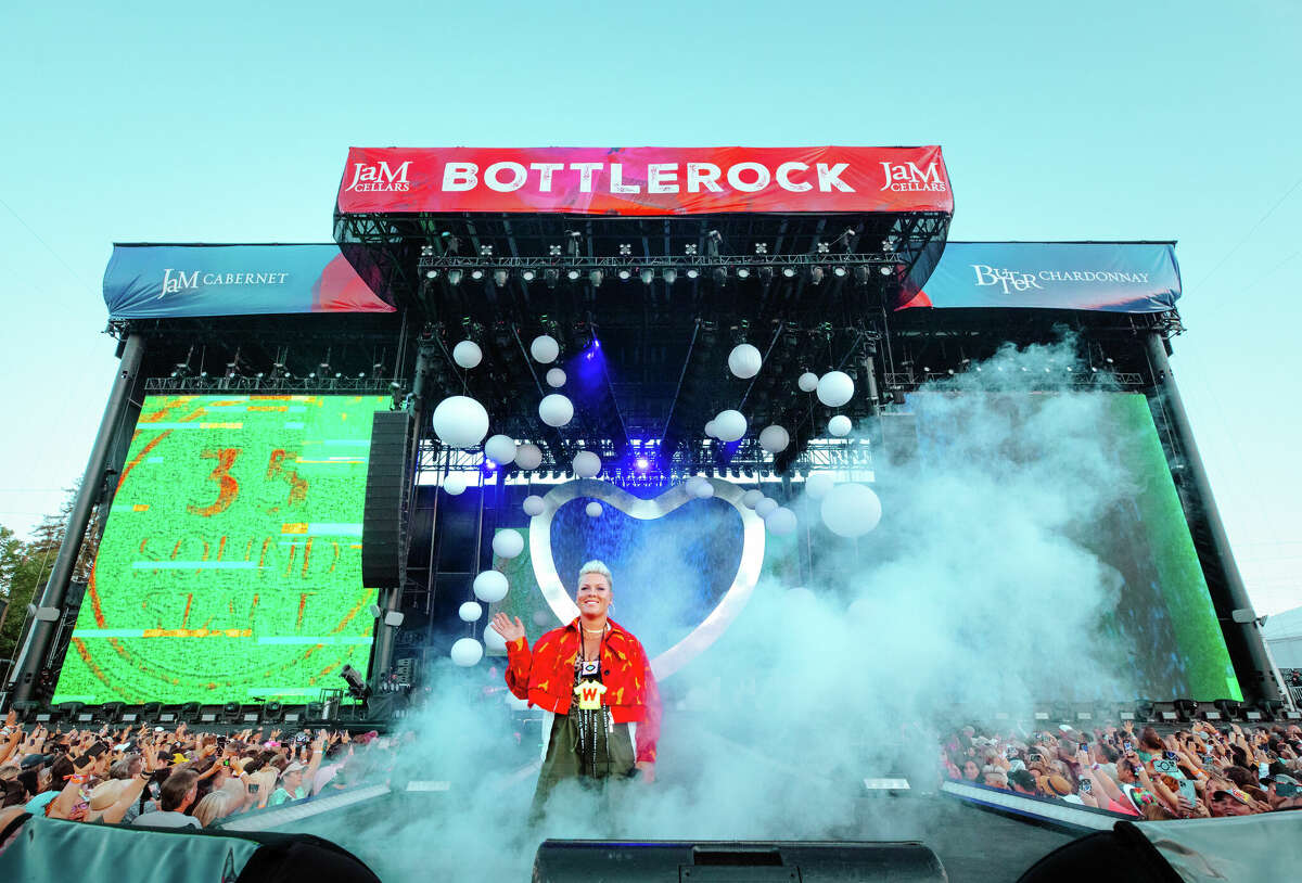 Pink performs midair during BottleRock on May 29, 2022 in Napa, California.