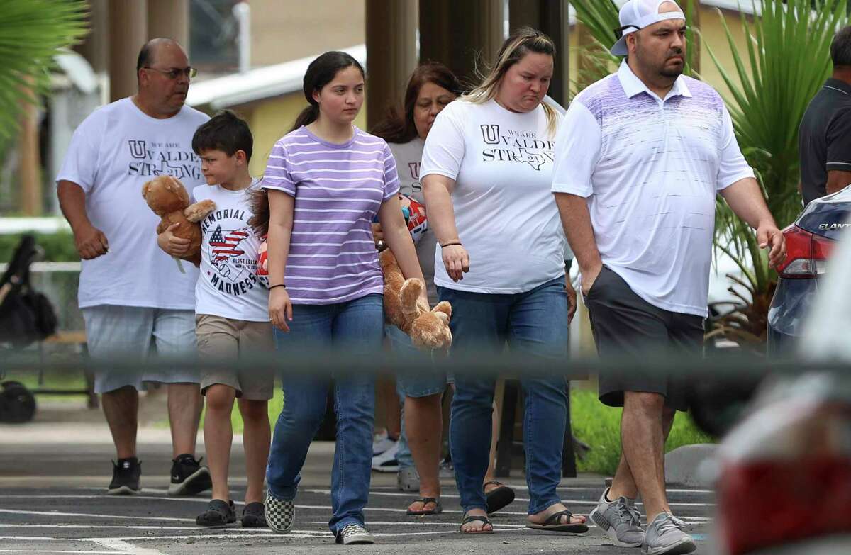 Mourners walk out from a visitation for Amerie Jo Garza, one of 19 students who perished in the Robb Elementary School shootings, on Monday, May 30, 2022.
