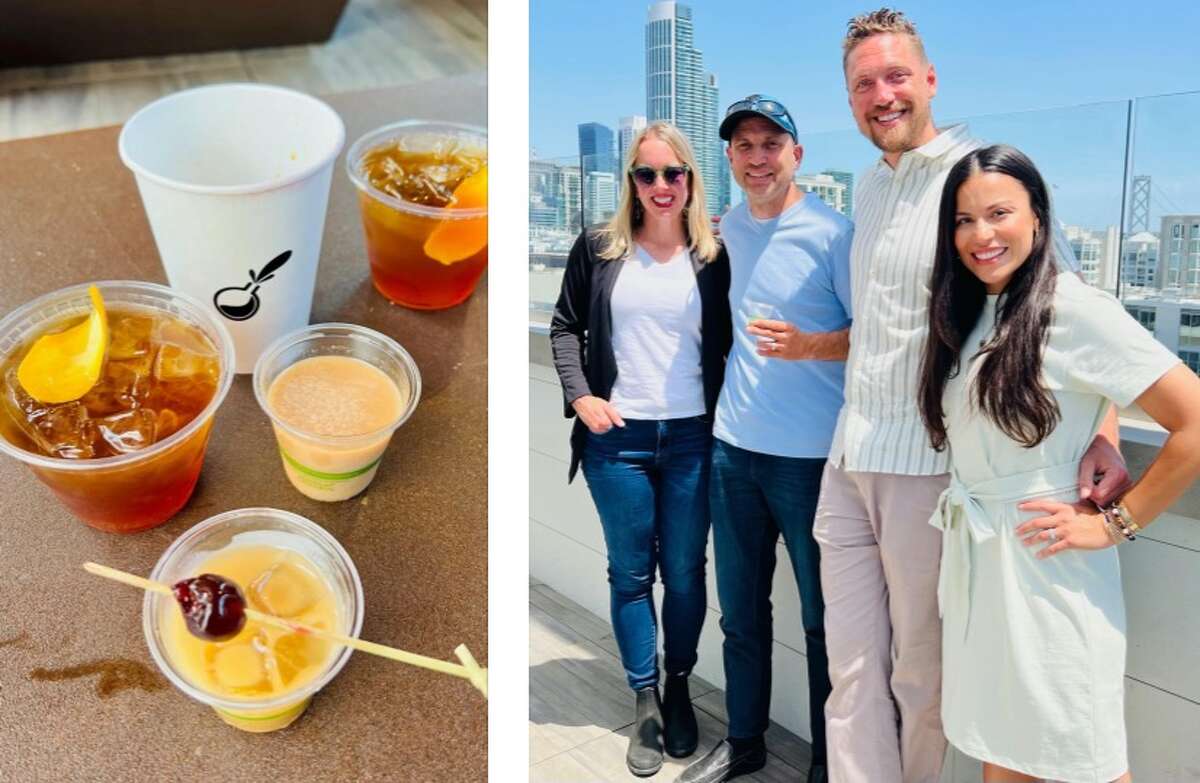 Total SF podcast hosts Heather Knight and Peter Hartlaub are photographed with Hunter and Lexi Pence on the roof of Hotel VIA, which is now serving the Pences' Pineapple Labs coffee.