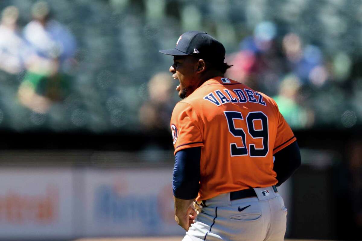 Houston Astros closing pitcher Framber Valdez reacts after defeating the Oakland Athletics in a baseball game in Oakland, Calif., Monday, May 30, 2022. (AP Photo/John Hefti)