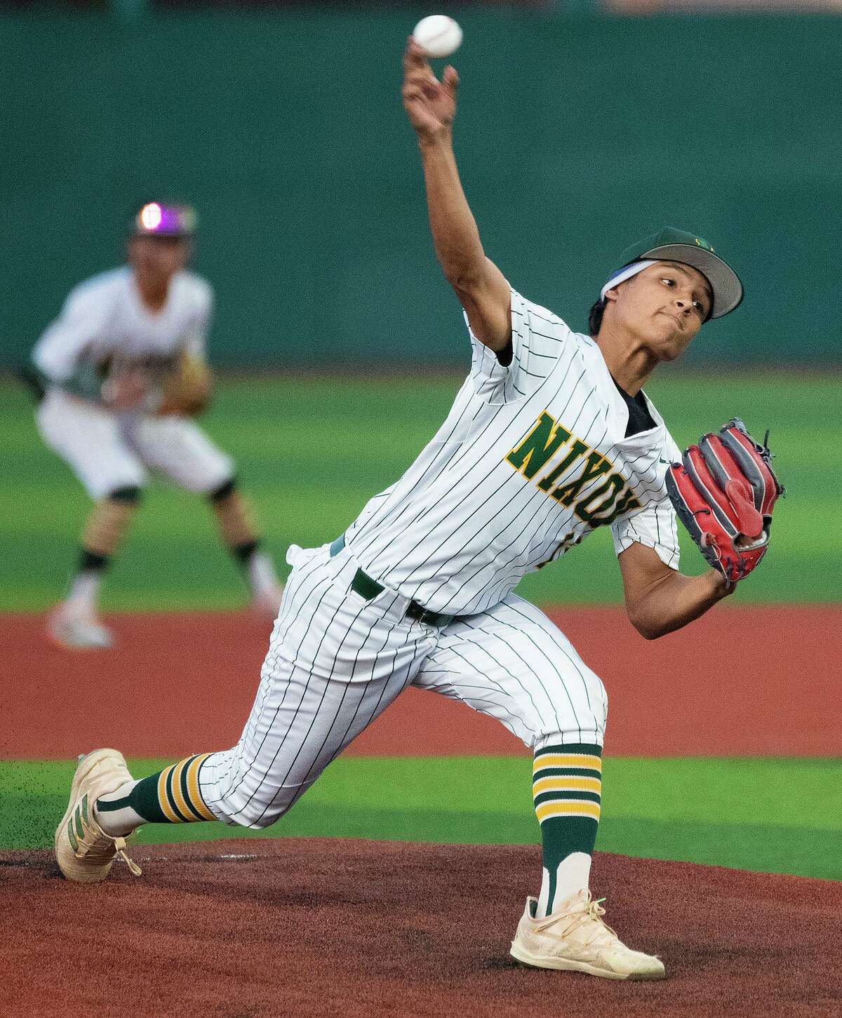 Nixon High School Joey Gamez pitches during a game against United High School, Friday, April 22, 2022 at Veteran's Field.