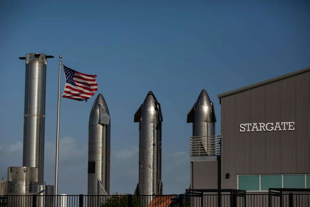 SpaceX Starship rocket prototypes inside the SpaceX Starbase, Saturday, April 23, 2022, in Boca Chica.