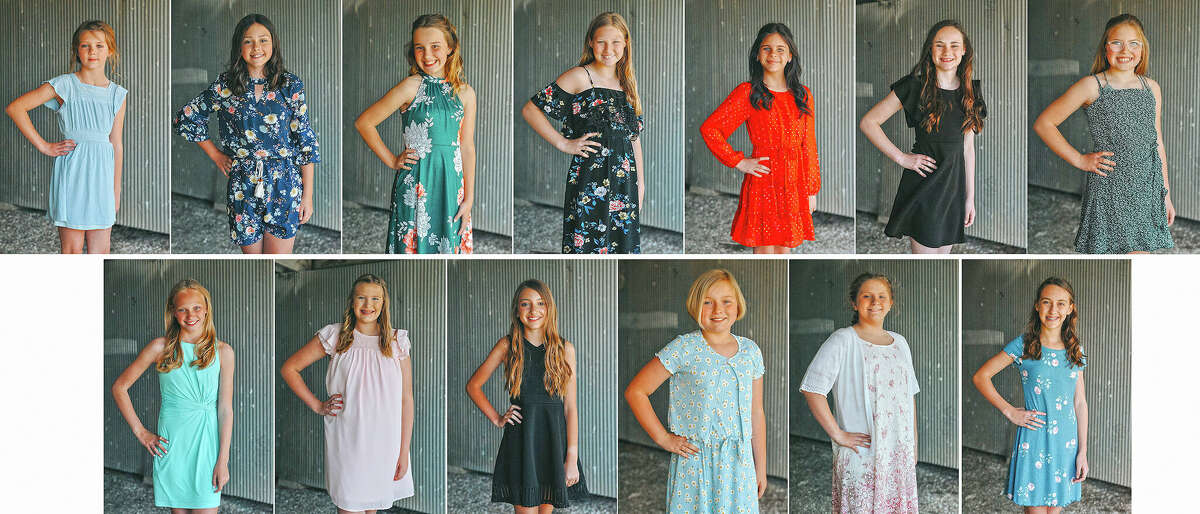 Junior Miss Greene County Fair contestants are Addyson Simmons (from top left) of Carrollton, Aubri Campbell of Carrollton, Collins Newton of Carrollton, Debra Rynders of Greenfield, Ella Hunn of Carrollton, Hannah Hoaglin of Carrollton, Kenna Brannan of Eldred, Lakely Albrecht of Greenfield, Lillian Schmidt of Carrollton, Madelyn Grummel of Carrollton, Mila Blumenstein of Carrollton, Nina Daniels of White Hall and Veronica Dawdy of Carrollton.