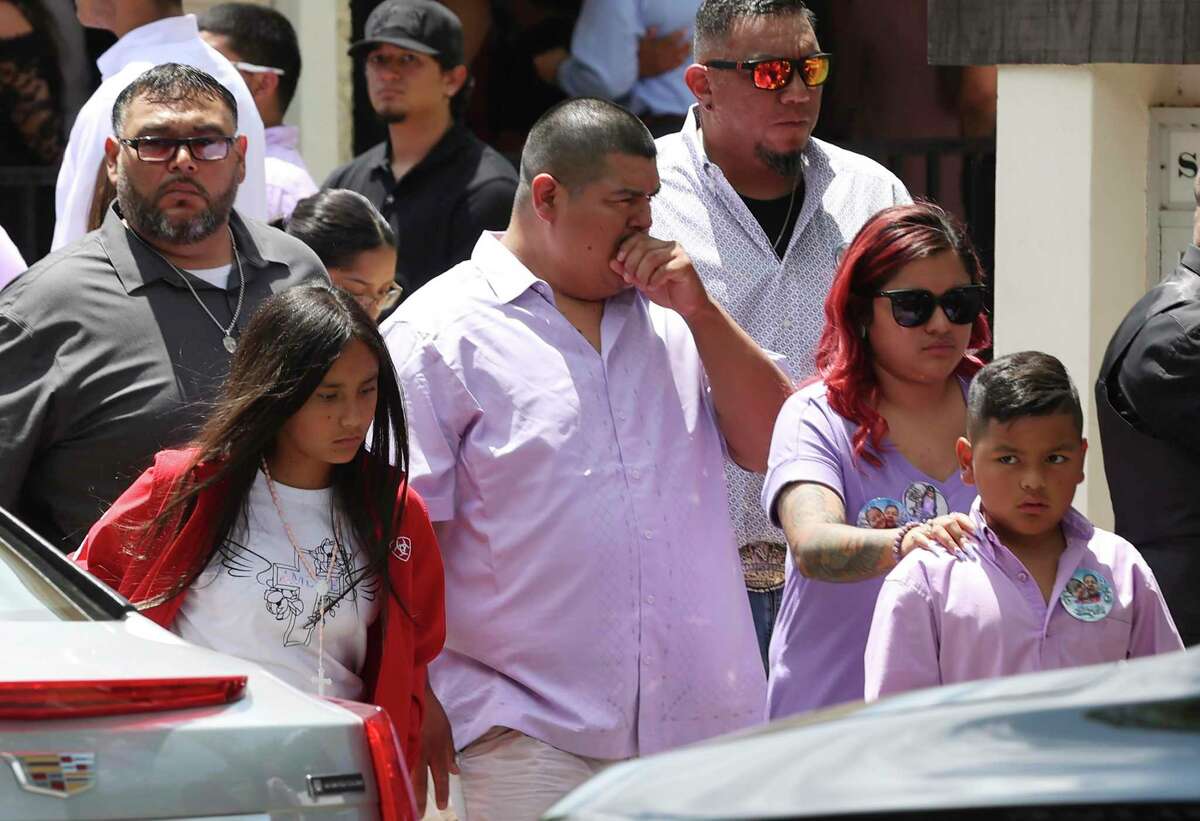 Mourners leave after funeral services for 10-year-old Amerie Jo Garza at Sacred Heart Church in Uvalde on Tuesday. She is the first of 21 victims of the May 24 shooting at Robb Elementary School to be buried.