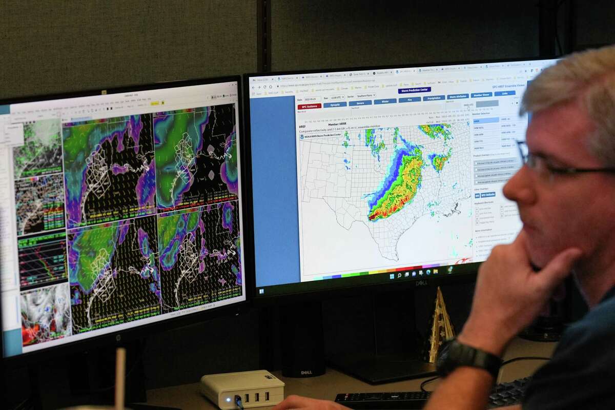 Meteorologist Brian Kyle monitors the area weather at the National Weather Service offices Monday, May 23, 2022 in Dickinson.