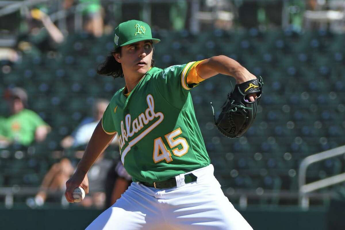 Brent Honeywell of the Oakland A?•s plays in a game vs the Texas Rangers on Thursday March 24, 2022 at HoHoKam Park in Mesa, AZ.