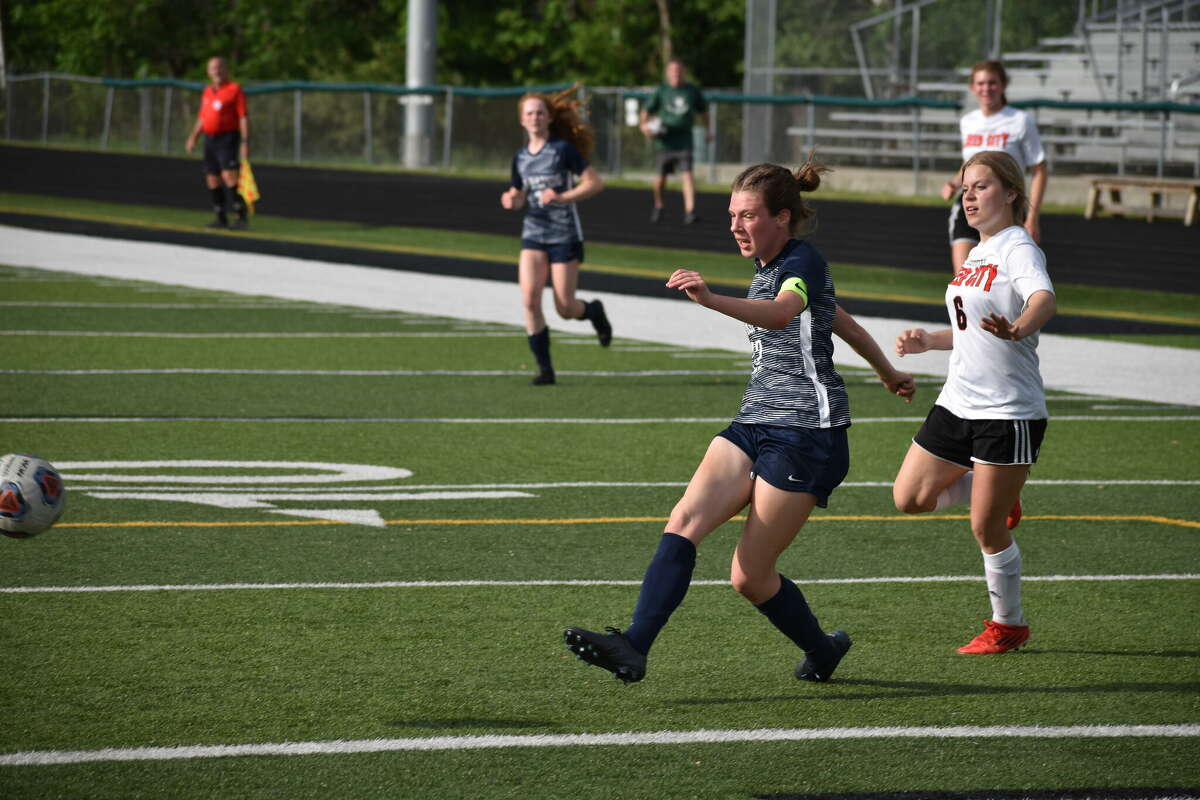 Katie Williams scores her first goal of the game against Reed City. Williams would score twice in a Big Rapids win.